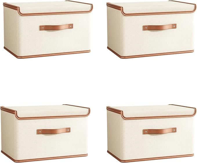 Tuza 4 Pack Storage Bins with Lids, Collapsible Closet Organizer Container, Fabric Organizer Box with Handles, Decorative Storage Boxes with Lids for Organizing Clothes, Books, File, White, Medium