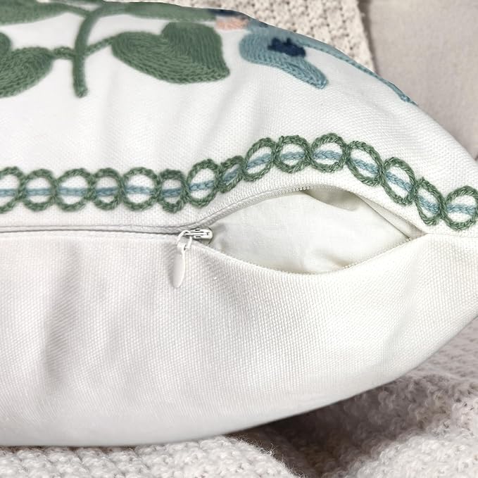 Alysheer Summer Floral Embroidered Decorative Throw Pillow Covers 18"x 18" Set of 2, Farmhouse Navy Blue Flowers Green Leaves Tufted Patterned Cotton Cushion Cases for Couch Bed Living Room Decor
