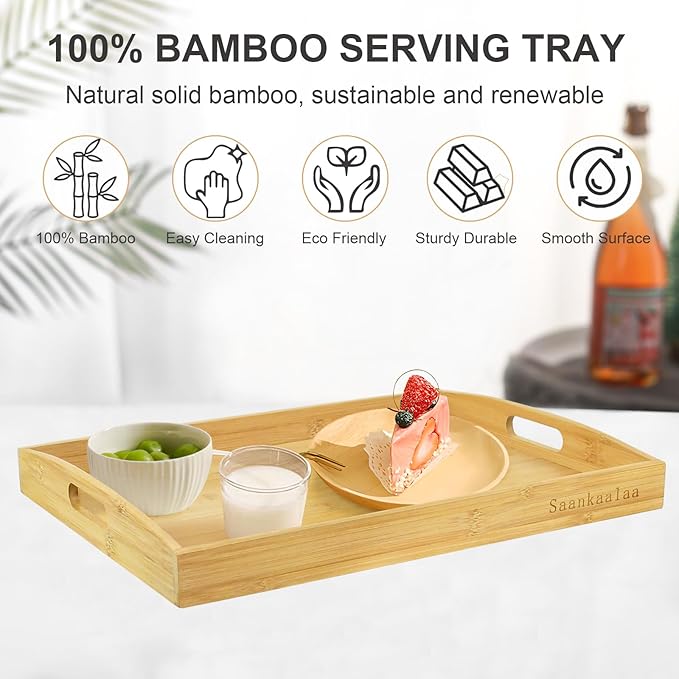 Bamboo Serving Tray Set of 2 Elegant for Coffee, Eating or Decor - Large and Small Rectangle Serving Trays with Handles - Wood Serving Tray Suitable for Home, Kitchen and Outdoor