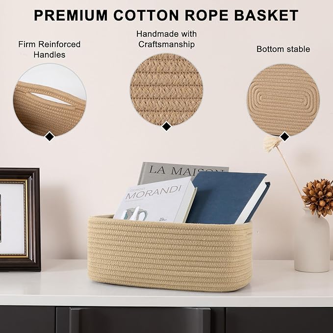 4 Pack Small Storage Shelf Baskets for Organizing, Mini Woven Rope Storage Bins for Towels, Cute Decorative Closet Organizer，Baby Nursery, Gift Empty Baskets -11.81''Lx7.87''Wx4.72''H-Jute