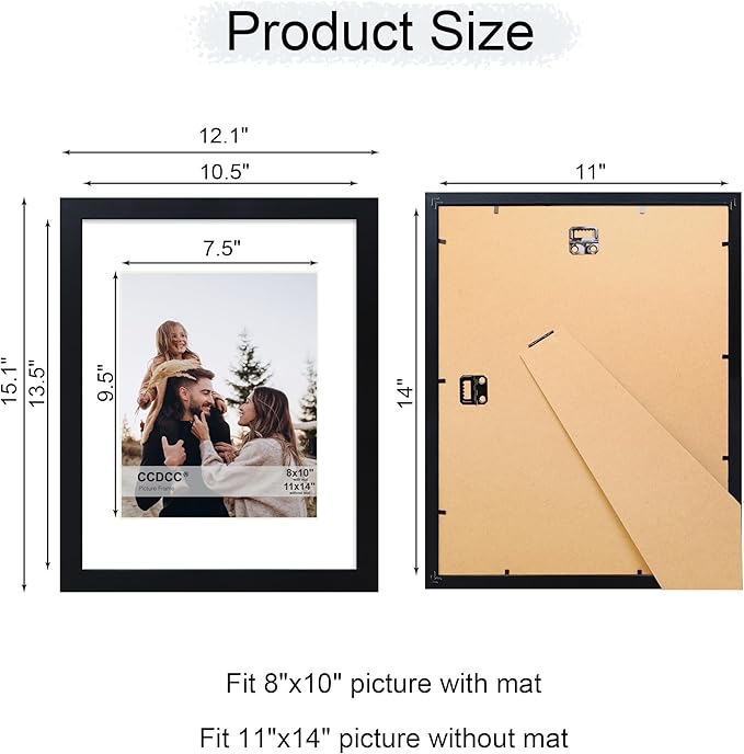 11x14 Picture Frame Set of 4, 11 x 14 Wood Photo Frames with Mat for 8x10, Wooden Frame with Real Glass Cover for Wall and Tabletop Display,Black