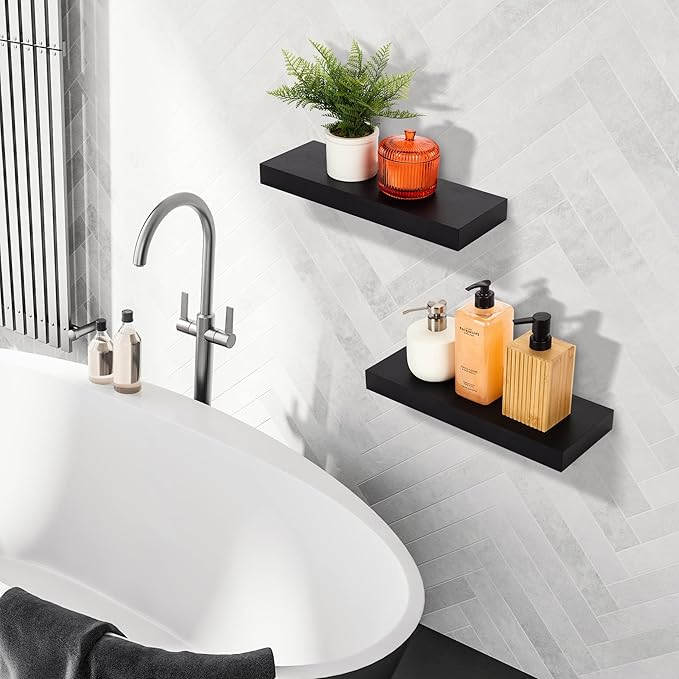Sorbus Floating Shelves for Wall, Bathroom Shelves Wall Mounted for Kitchen, Bedroom, Bathroom Storage Over Toilet, Hanging Book Shelf for Wall Home Decor Living Room (Black, 3 Pack)