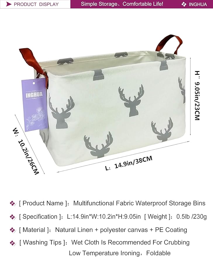 Rectangular Storage Basket Fabric Organizer Bin for Toys,Books,Clothes,Gifts,Pets-Perfect for Home,Office,Nursery,Dorm,Shelf(Rec grey deer)
