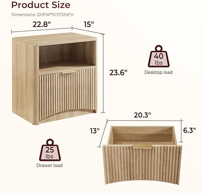 Fluted Nightstand Set of 2 - Natural Oak