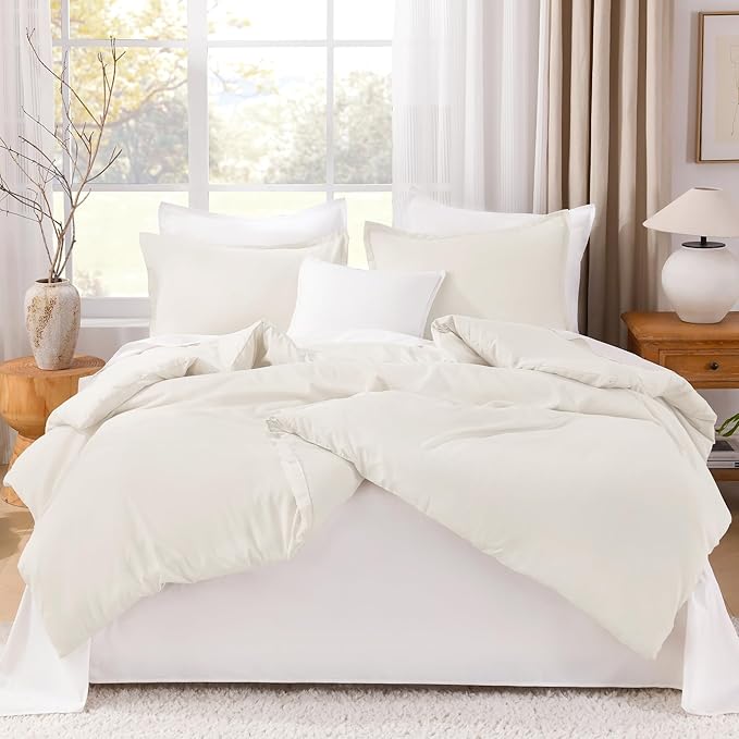 Litanika Ivory Comforter Set King Size, 3 Pieces Lightweight Solid Bedding Comforter Set, All Season Fluffy Bed Set (104x90In Comforter & 2 Pillowcases)