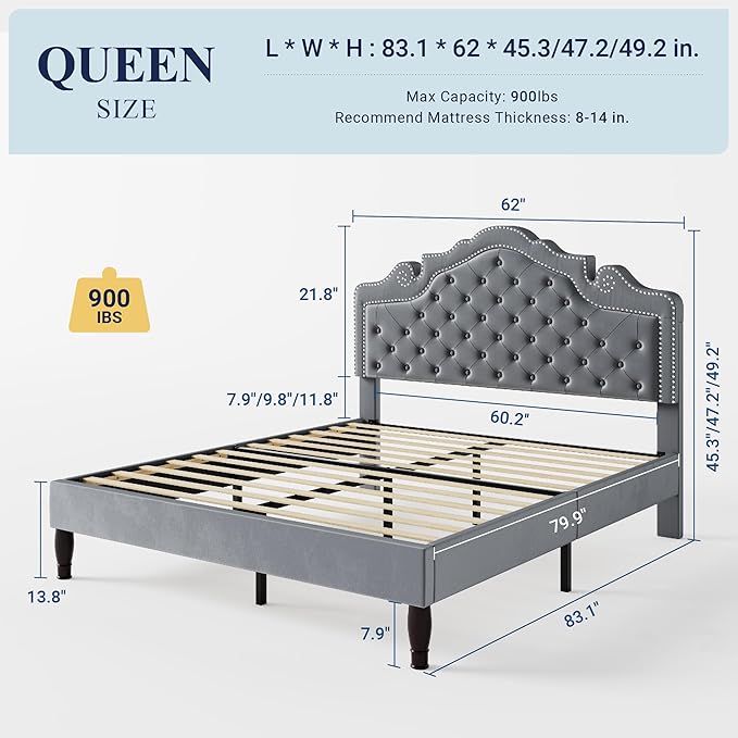 Allewie Queen Size Bed Frame with Adjustable Velvet Tiara Headboard, Upholstered Diamond Button Tufted Platform Bed, Wood Slats Support, No Box Spring Needed, Light Grey