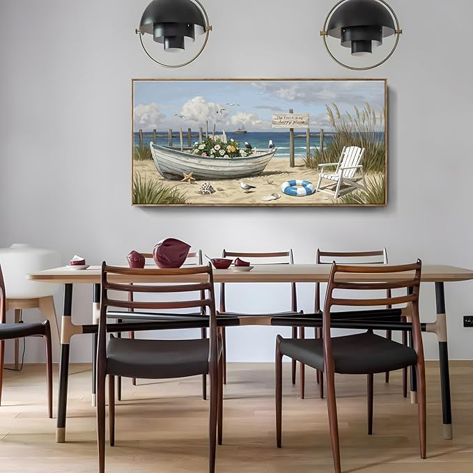 amatop Giant Framed Beach Wall Art Large Nautical Seaside Canvas Print Flower Boat Ocean Horizontal Landscape Picture Sea Birds Artwork for Coastal Farmhouse Living Room Bedroom Office Decor 58×29 Inch