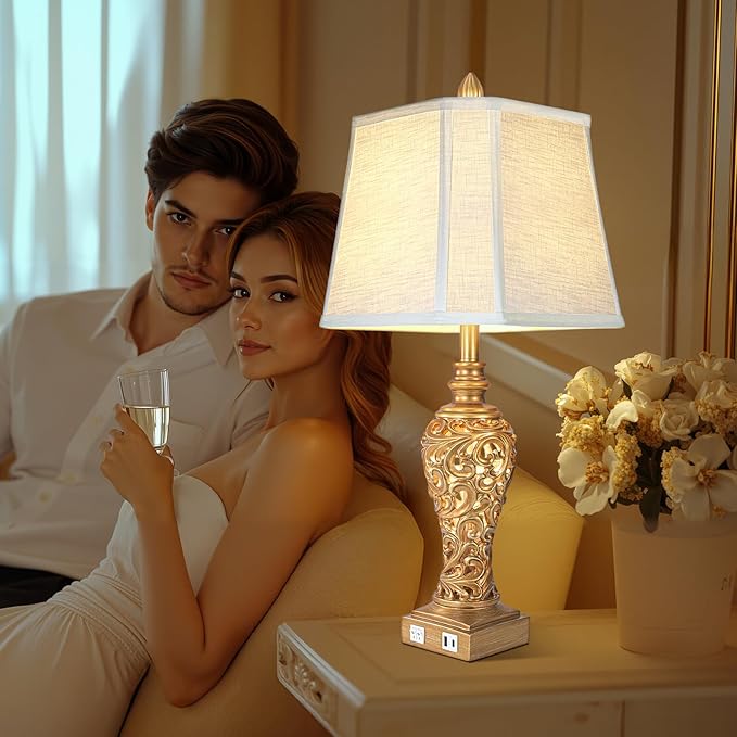 Vintage Table Lamps Set of 2, 28.5'' Tall Antique Gold Bedside Lamps with Fabric Shades, USB A+C Charging Ports & Night Light, Farmhouse Nightstand Lamps for Bedroom Living Room Office (Bulb Included)