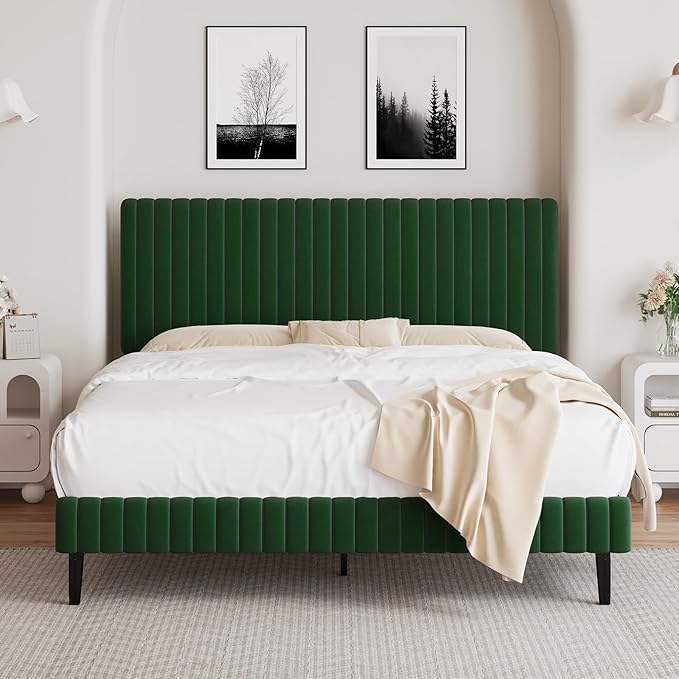 Full Size Bed Frame, Velvet Upholstered Platform Bed with Vertical Channel Tufted Headboard and Footboard, No Box Spring Required, Easy Assembly, Green