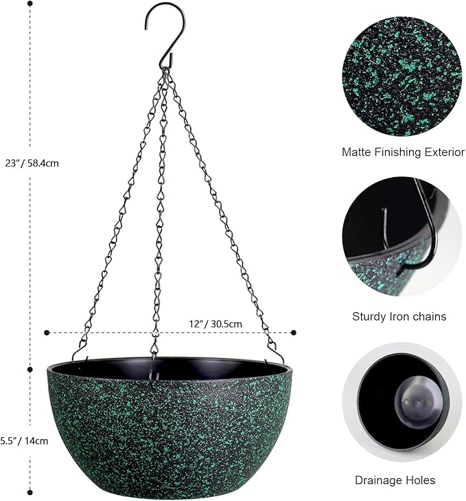 12 inch Large Hanging Planters for Indoor Outdoor Plants, 2 Pack Hanging Flower Pots with Drainage Holes and Chain, Plastic Hanging Baskets for House Plants, Black with Green Speckles