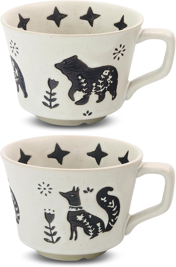 Ceramic Coffee Mug, 12 oz Novelty Unique Teacup with Large Handle, Stoneware Cup for Tea Mocha Latte Cappuccino Espresso (Set of 2, Fox and Bear)
