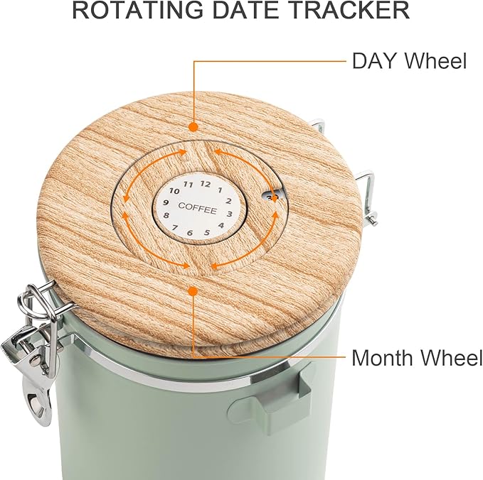 TEDSWAIT Coffee Canisters Airtight Coffee Bean Storage Container Kitchen Stainless Steel Food Storage Container with Scoop Date Tracker & CO2 Valve 61Fl Oz (Green)