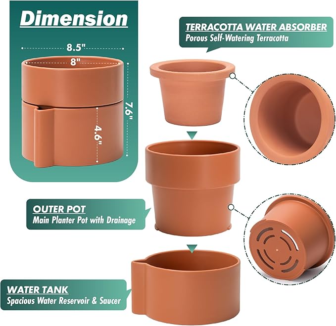8 Inch Self-Watering Planter Pot with Terracotta Insert, Deep Water Reservoir, and Ceramic-Alike BPA-Free Plastic Planter Pot for Plant, Modern Planter for Houseplants, Terracotta, 53-A-T-3