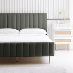 Livinia Queen Size Elton Velvet Platform Bed, Upholstered Bed Frame with Vertical Channel Tufted Headboard Footboard, Strong Wood Slats, No Box Spring Needed, Gray (Queen)