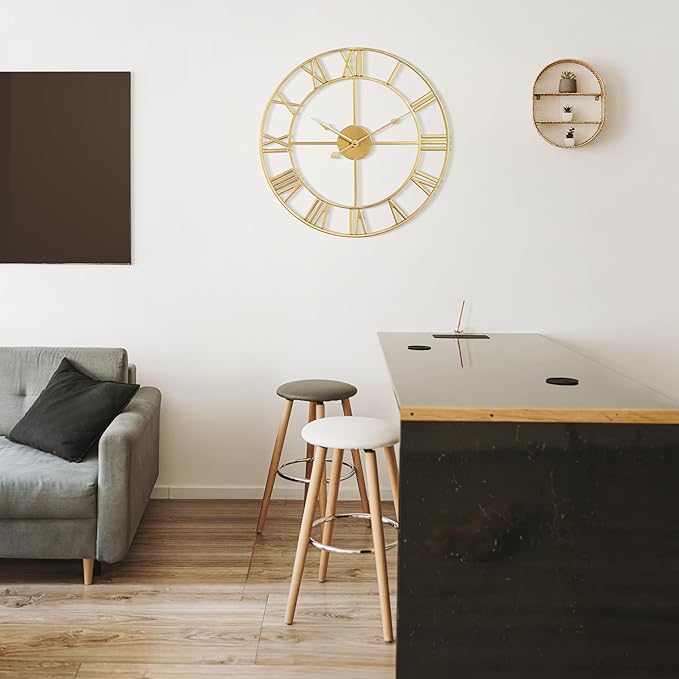 Large Wall Clock - 40cm/ 16 Inches Silent Non-Ticking, Battery Operated, Gold Vintage Decorative Modern Metal Wall Clocks for Living Room, Bedroom, Office, Farmhouse Decor