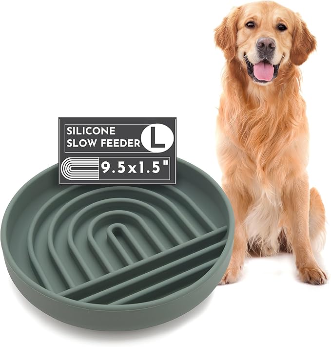 The Slowdown Bowl Silicone Slow Feeder for Dogs & Puppies, Slow Eating, Modern Lick Mat Design, Reduces Gulping, Fits 2.5 Cups 9.5” Across x 1.5” Tall, Mealtime Challenge, Large-Spruce