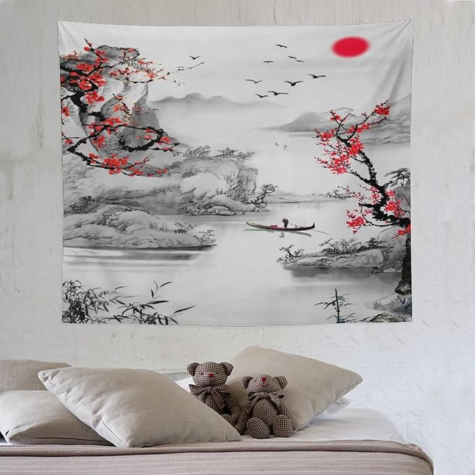 Cherry Blossoms Tapestry,Japanese Red Landscape Watercolor Abstract Art Tapestry,Asian Japanese Wall Tapestry, Nature Landscape Tapestries for Bedroom Living Room Decor 60"x50"