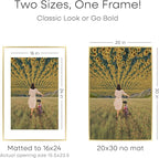 Homeforia 20x30 Poster Frame Gold, High End Metal 20 x 30 Picture Frames with Mat 16 by 24 Photo, 20x30 Gold Frame Matted to 16x24 Print, 30x20 Large Hanging Frames, Tempered Glass, Wall Kit, Set of 1