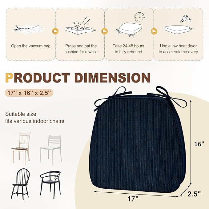 downluxe Chair Cushions for Dining Chairs, Waterproof Kitchen Chair Pads, Non-Slip Dining Seat Cushion with Ties, 17" x 16" x 2.5", Navy, 4 Pack