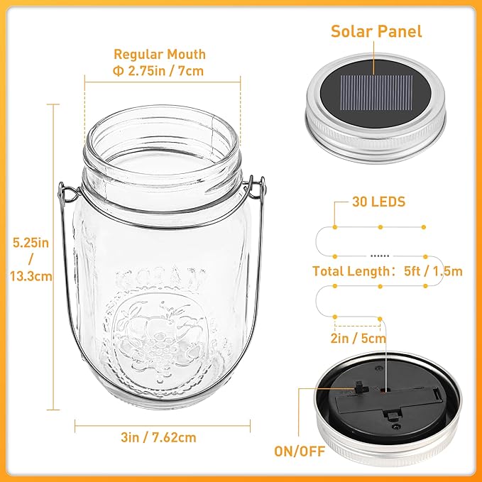 GIGALUMI Solar Mason Jar Lights, 12 Pack 30 Led String Fairy Lights Garden Lights Outdoor Waterproof Metal Lid Hanging Solar Lanterns for Outdoor, Garden, Patio, Lawn, Balcony Decoration