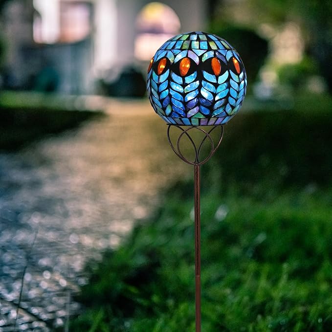 Afirst Solar Outdoor Garden Lights Decorative - Mosaic Solar Stakes Gazing Ball Waterproof Outdoor Lights Stakes for Pathway Yard Lawn Decoration(Green)