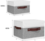 ANMINY Storage Boxes with Lids Washable Decorative Storage Bins Basket with PU Leather Handle Foldable Linen Fabric Storage Cubes Containers for Home Closet Organizer - Gray White, Small Size