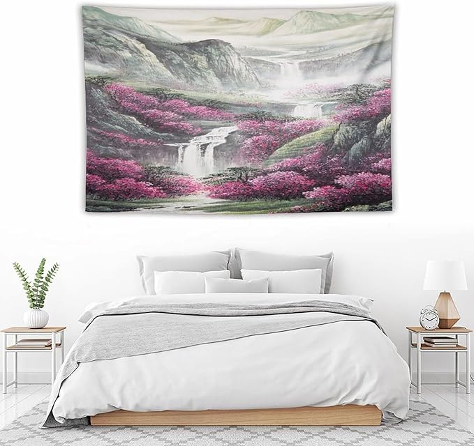 Japanese Tapestry, Red Plum Blossom Mountain Tapestry, Asian Japanese Wall Tapestry, Nature Landscape Tapestries for Bedroom Living Room Decor 60"x40"