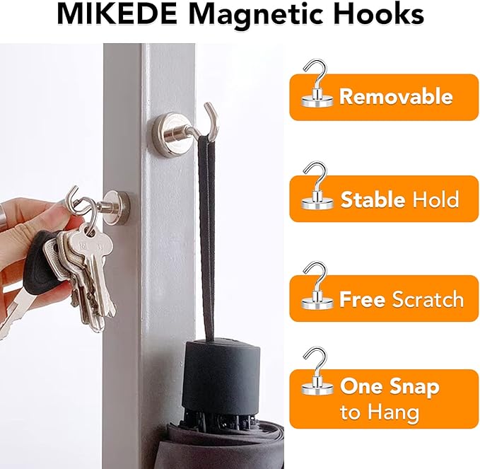 MIKEDE Magnetic Hooks, 80LB+ Heavy Duty Magnetic Hooks Cruise with Epoxy Coating for Refrigerator, Strong Magnet Hooks for Tool Room, Magnetic Metal Hooks for Grill - 8 Pack