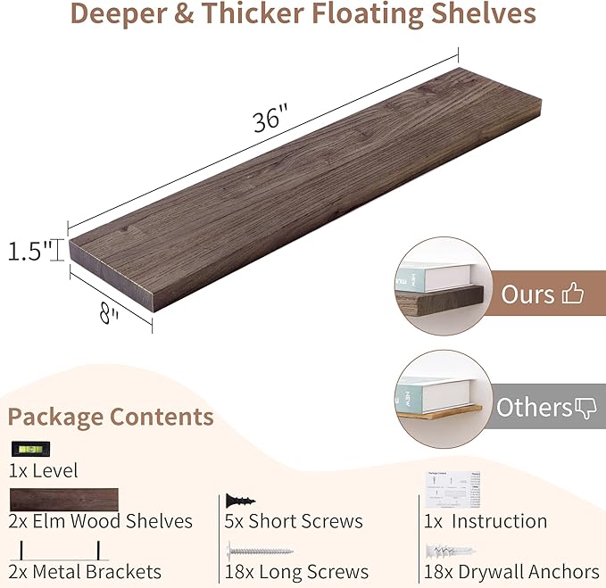Axeman Floating Shelves for Wall, 8 Inch Deep Rustic Solid Elm Wood Wall Shelves for Storage, Wall Mounted Display Shelving with Invisible Heavy-Duty Metal Bracket, 36'' Width Set of 2, Walnut