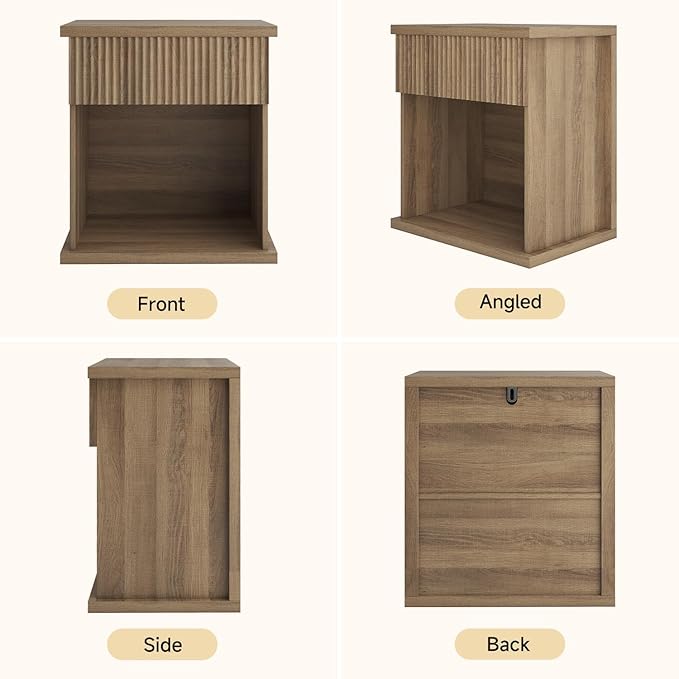 Fluted Nightstand, 22.8" Wide Nightstands with Drawer Storage Large Wood BedsideTable Night Stand for Bedroom Living Room Office, Natural Oak