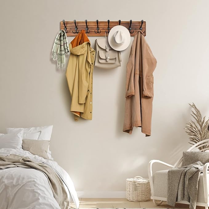 Coat Rack Wall Mount, Wooden Heavy Duty Coat Rack for Wall,8 Triple Coat Hanger Hooks for Hanging Coats,Jacket,Hat,Clothes (Brown, 8 Hooks)