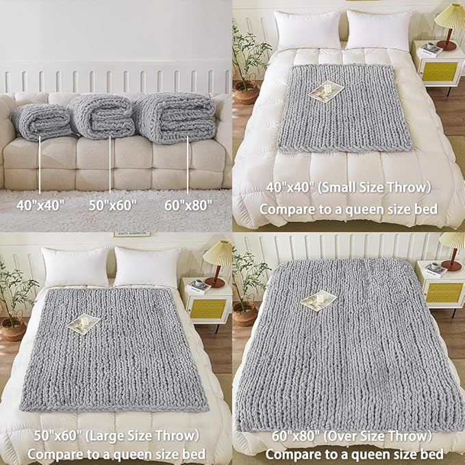 WESHIONGOO Chunky Knit Blanket Throw 40"×40" Knitted Throw Blankets for Couch Bed Fluffy Soft Blanket with Jumbo Chenille Yarn Thick 100% Handmade (Light Grey)