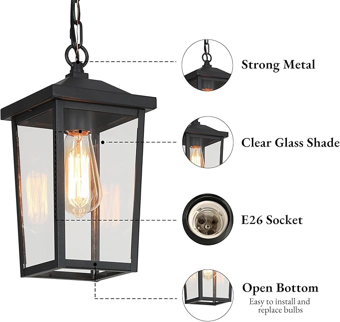 LOG BARN Outdoor Pendant Light Fixture, Farmhouse Exterior Lights, Anti-Rust Ceiling Outdoor Light with Clear Glass, Lantern Hanging Light for Front Door, Entry, Porch, and Gazebo