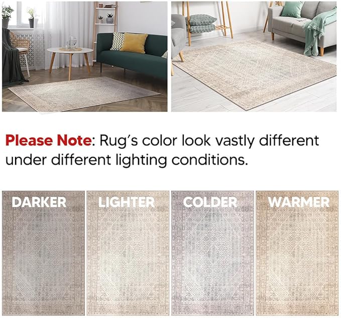 Keen Home Design 6x9 Rug - Machine Washable Area Rug with Non-Slip Backing, Ideal for Living Room, Dining Room, Bedroom - Vintage, Easy Clean, Durable, Low Pile Rug - (6' x 9')