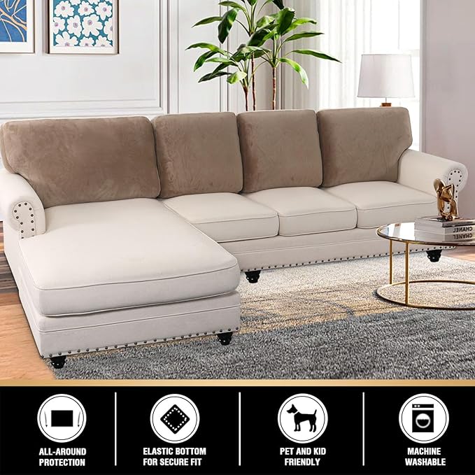 PrinceDeco Sectional Couch Covers Velvet Cushion Covers for Sectional Couch Washable Cushion Covers for Sectional Sofa Pet Friendly Sectional Sofa Slipcovers(1 Chaise Back+ 3 Sofa Back,Taupe)