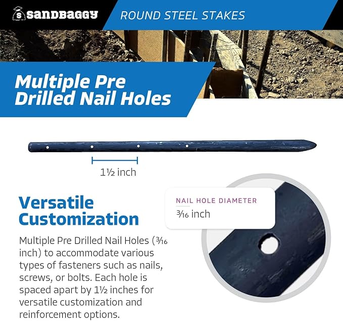Sandbaggy Round Steel Concrete Form Stakes with Nail Holes - Rust Resistant Coating - Removable, Reusable (10, 3/4 in X 18 in)