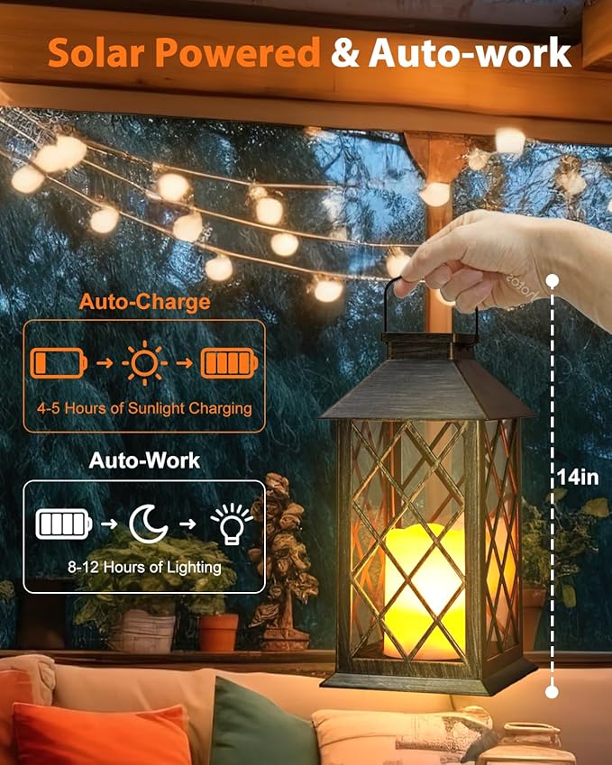 Otdair Solar Lanterns Outdoor Waterproof, 2 Pack 14" Solar Lantern with Glass Retro LED Flickering Flameless Candle,Lanterns Decorative Outdoor for Gift, Yard, Garden, Patio, Balcony,Porch, Party