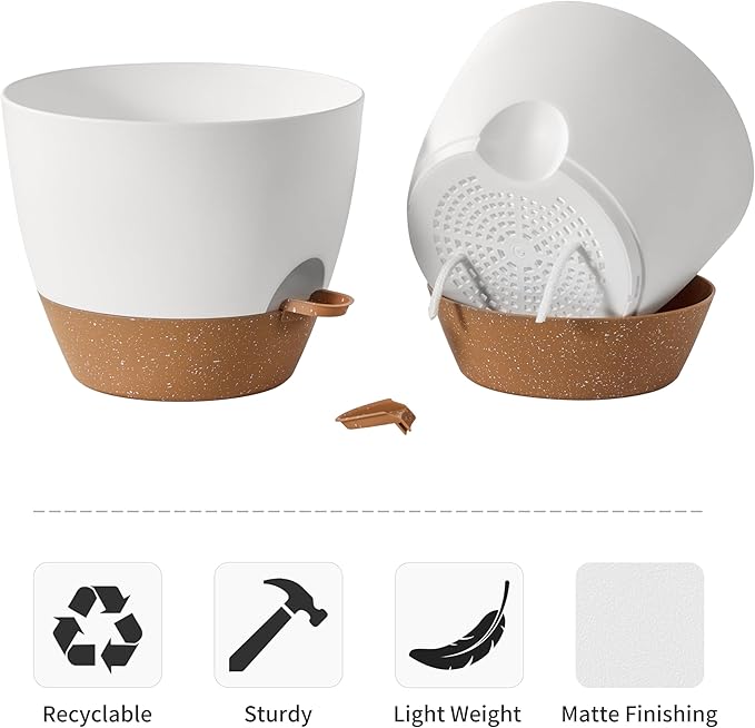 FaithLand 3-Pack Large Planter Pots, 12 10 9 Inch Self Watering Flower Pots for Indoor Outdoor Garden Plants, White with Brown