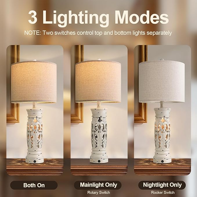 BOBOMOMO 27.25” Farmhouse Table Lamps Set of 2 – Antique White Bedside Lamps with Night Light & USB A+C Ports, Vintage Lamps for Bedroom, Living Room, Entryway, Console Table (Bulbs Included)