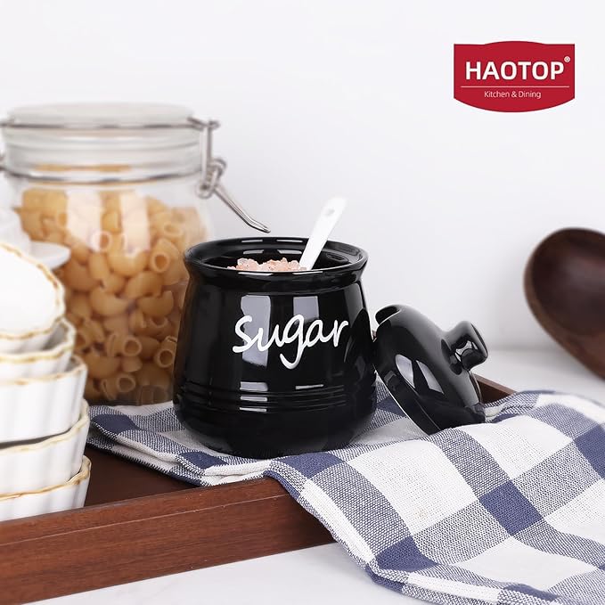 HAOTOP 12oz Sugar Bowl with Lid and Spoon,Ceramic Sugar Jar Sugar Dispenser Sugar Container Coffee Bar Accessories, Kitchen Countertop Canisters, Black