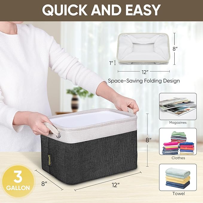 BALEINE 1 Pack Fabric Storage Bins for Shelves, Linen Storage Baskets for Organizing, Decorative Closet Bins for Clothes, Home (Black, 12"x8"x8")