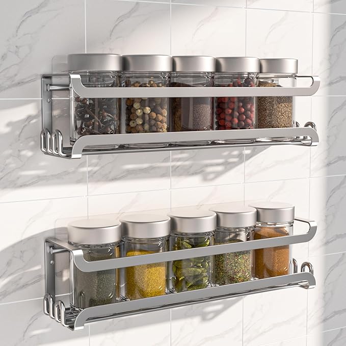 LUCYCAZ 2 Pack Wall Mounted Spice Rack with 16 Hooks, Spice Organizer Shelf for Stove Cabinet Pantry Door,Screw or Adhesive Spice Shelf Hanging Wall Spice Rack in Kitchen and RV (Silver, 2 PACK)