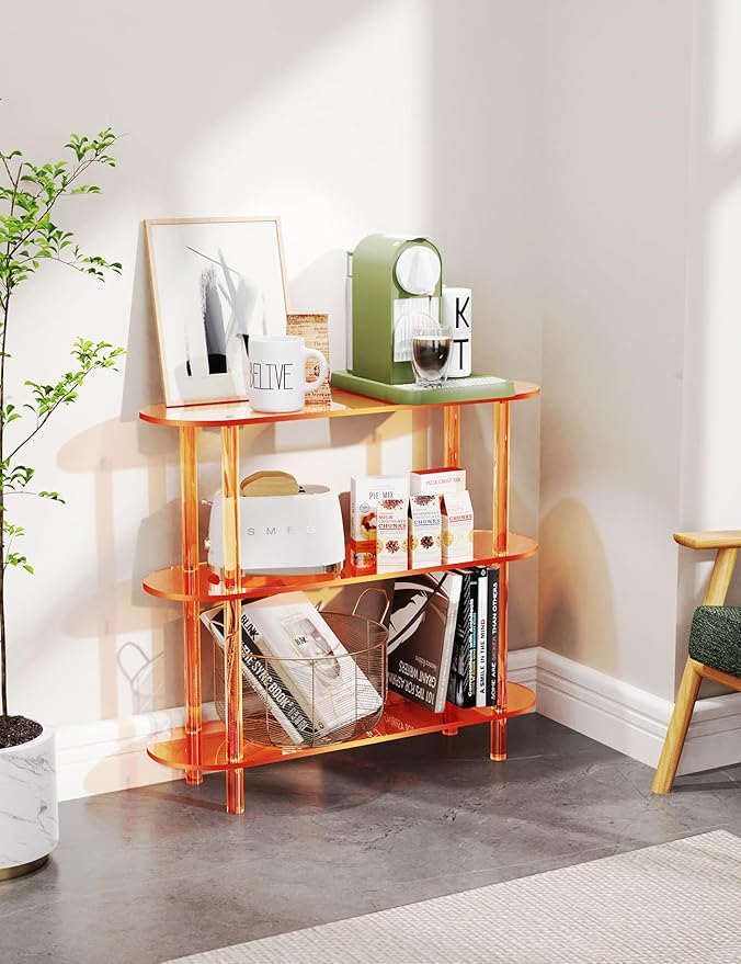 Clear Bookshelf, Acrylic Bookcase with Open Book Shelf for Office Living Room Bedroom (3 Tier Orange)