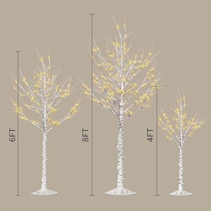 Outdoor Christmas Decorations Lighted Birch Tree Set of 3, LED Warm White 4, 6 and 8 Feet, for Indoor Christmas Decor, Party, Garden, Yard, Wedding, Holiday