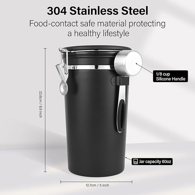 malmo Coffee Canister Set of 3, Airtight Coffee Container with Date Tracker Lid, Stainless Steel Canister for Kitchen Food Storage (Black, 180oz)