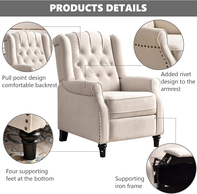 CANMOV Push Back Recliner Chair,Accent Chair,Mid Century Wingback Recliner, Fabric Push Back Recliner Chair Single Armchair Sofa with Rivet Decoration, Button-Tufted Back for Living Room, White