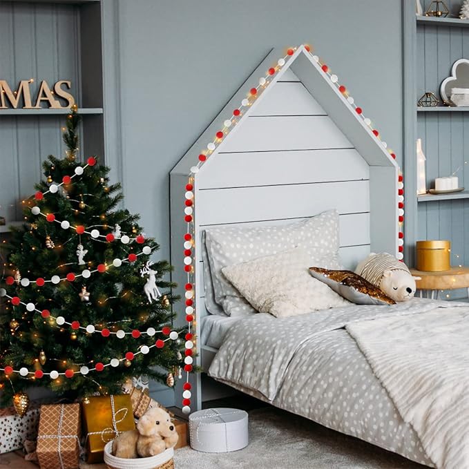 Jishi 3-Pack Pom Pom Garland Red and White Felt Ball Ornament Garland Christmas Decorations, Cute Pompom Strings for Christmas Tree Decor, Xmas Holiday Party, Birthday Banner - 6.6 Feet Long, 24 Balls