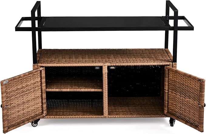 VINGLI Wicker Outdoor Bar Cart with Storage and Wheels, Outdoor Bar Table Serving Cart Rattan Bar Cart with Glass Top and Shelf for Pool, Party, Backyard, Porch (Brown)