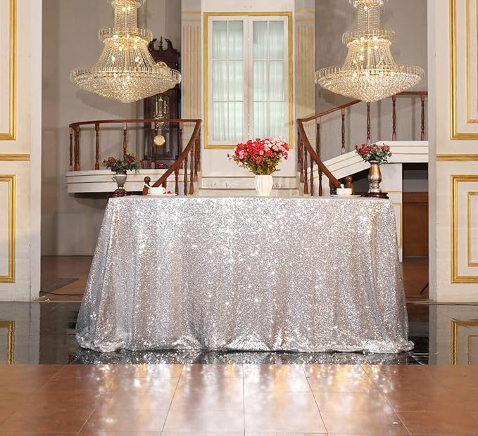 SquarePie Sequin Tablecloth 60 x 102 Inch Silver Bling Sparkly Table Cloth for Wedding Party