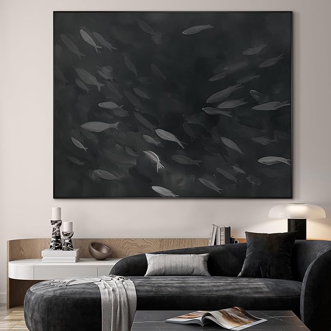 SIGNWIN 36"x46" Extra Large Framed Wall Art Monochrome Fish Silhouettes Illustration for Home Living Room Bedroom Decor (Frame Assembly Required)